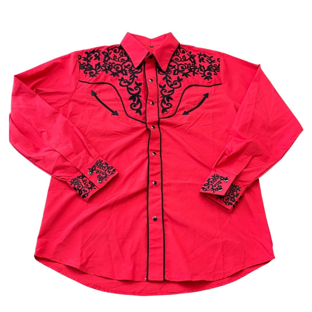 The American West Mens Large Red Black Embroidered Western Button Down Shirt